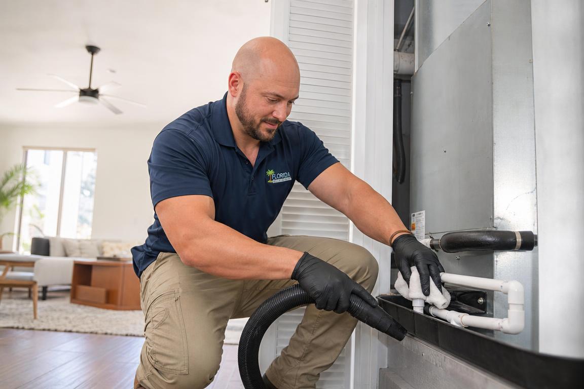 Drain pan, condensate line, and air filter inside an indoor air handler being cleaned