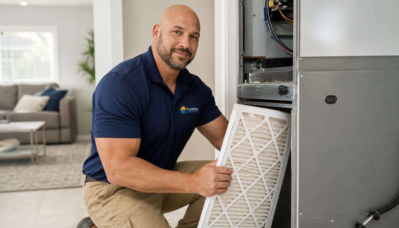 Service worker replacing the air filter on an indoor air handler with drain pan and condensate line visible